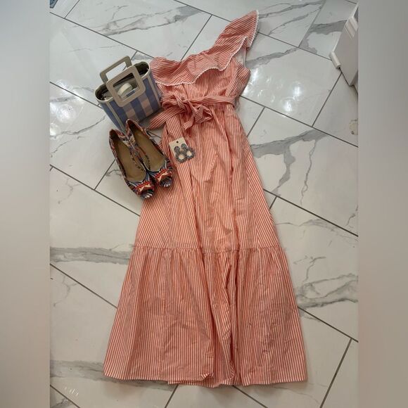 Skies Are Blue Orange/White One-Shoulder Striped Tie Dress Sz S NWT - Picture 2 of 9